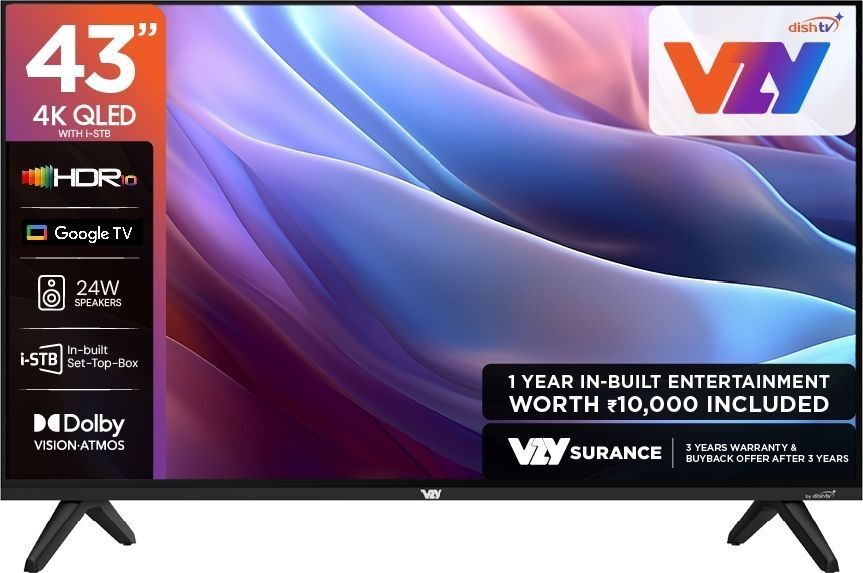 vzy by DishTV 109 cm (43 inch) QLED Ultra HD (4K) Smart Google TV 2025 Edition with Entertainment Hub By dishtv | 12 Months Royale Sports Kids / Family HD Pack ( Cricket Combo With Sports, Hindi Entertainment News & Kids Channels ) 1 Year Subscription of Watcho South/Max (20 Premium OTT Apps at No Extra Cost) | Dolby Vision-Atmos | HDR10 | Voice Remote | Chromecast | In-built Set Top Box |24W Sound-picture-10