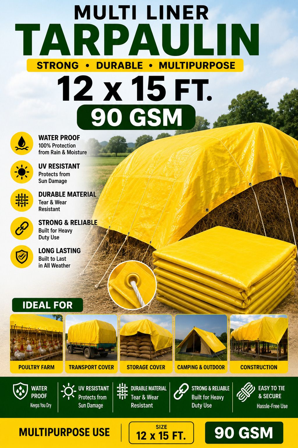 grahlogy 12×15 Ft Liner Tarpaulin Sheet 90 GSM Waterproof Multipurpose Cover Tent - For Camping, Construction Sites, Temporary Shelters, Truck Cover, Farmhouse, To Cover Cement-picture-11