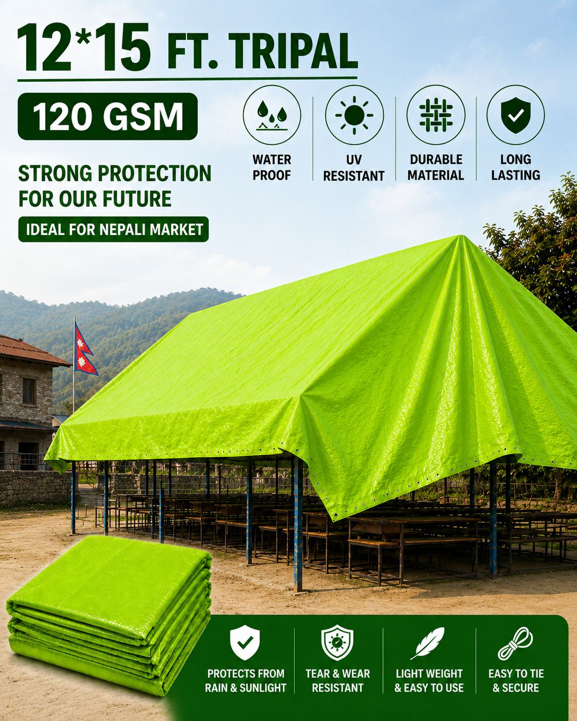 120 GSM Heavy Duty Waterproof Tarpaulin 12×15 FT Tent - For Vehicle Protection, Agriculture Use, Warehouse Storage, Roof Covering-image-46