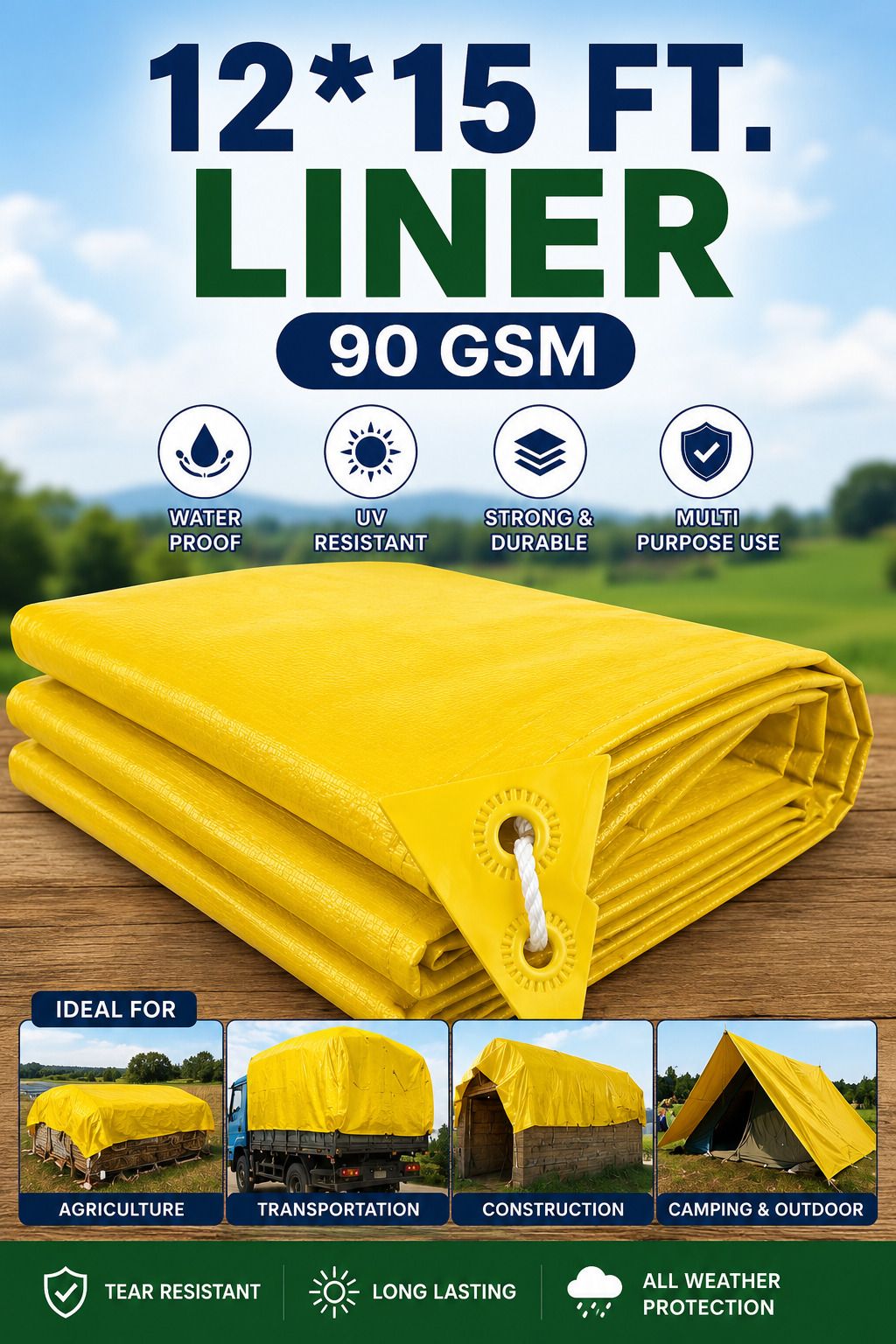 grahlogy 12×15 Ft 90 GSM Liner Tarpaulin Sheet for Farming, Construction & Storage Tent - For Camping, Construction Sites, Temporary Shelters, Truck Cover, Farmhouse, To Cover Cement-picture-47