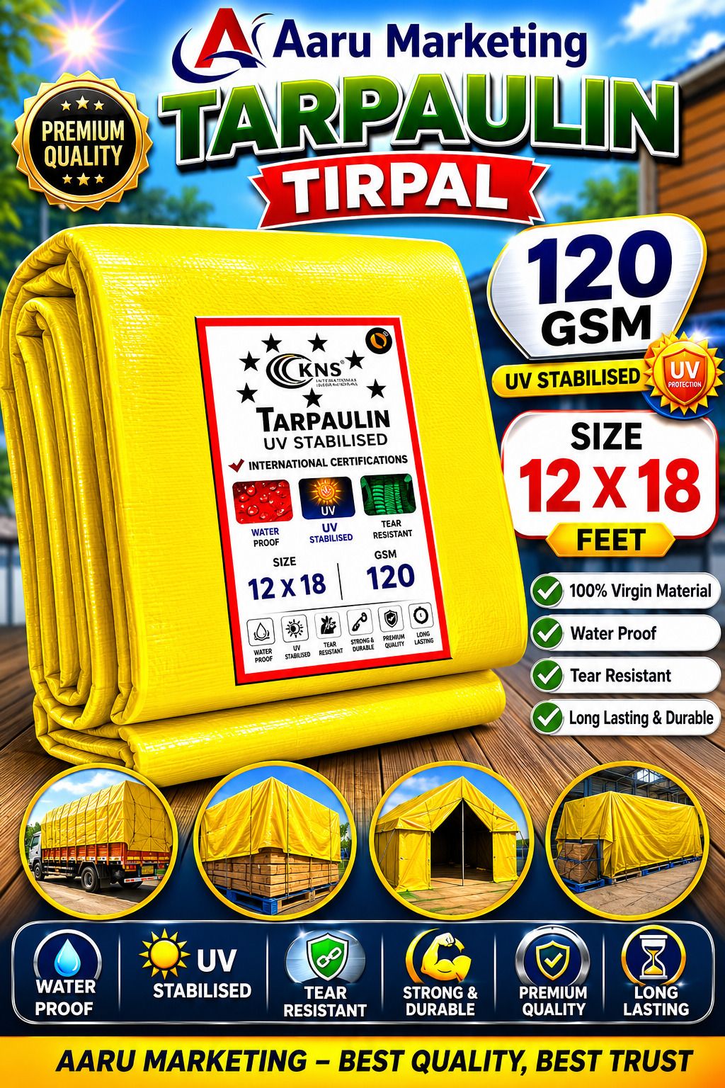 kk galaxy Aaru Marketing UV Protected Waterproof Tirpal Sheet 120 GSM Heavy Duty 12x18 FT Tent - For Agriculture Use, Roof Covering, Warehouse Storage, Vehicle Protection-picture-39