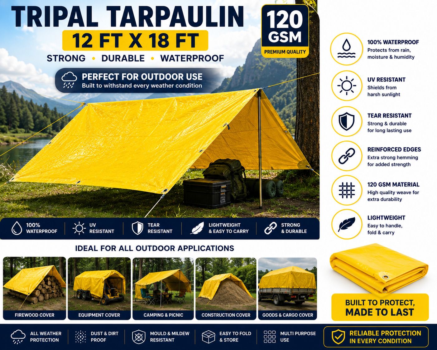 Heavy Duty Waterproof Tarpaulin 12x18 Ft 120 GSM for Agriculture & Construction Tent - For Roof Covering, Warehouse Storage, Agriculture Use, Vehicle Protection-image-31
