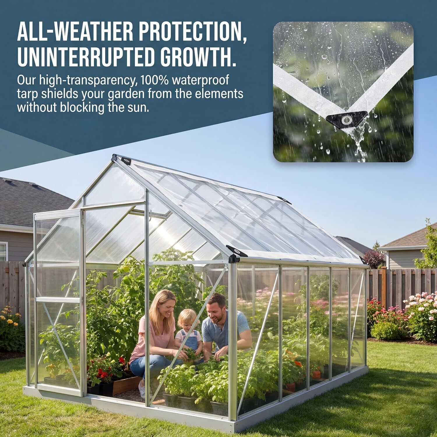 Heavy Duty Waterproof Plastic Sheeting with Metal Grommets, Tear-Resistant Tent - For Greenhouse Cover, Patio Enclosure and Camping, 420g/m²(60x84ft INCH-image-42