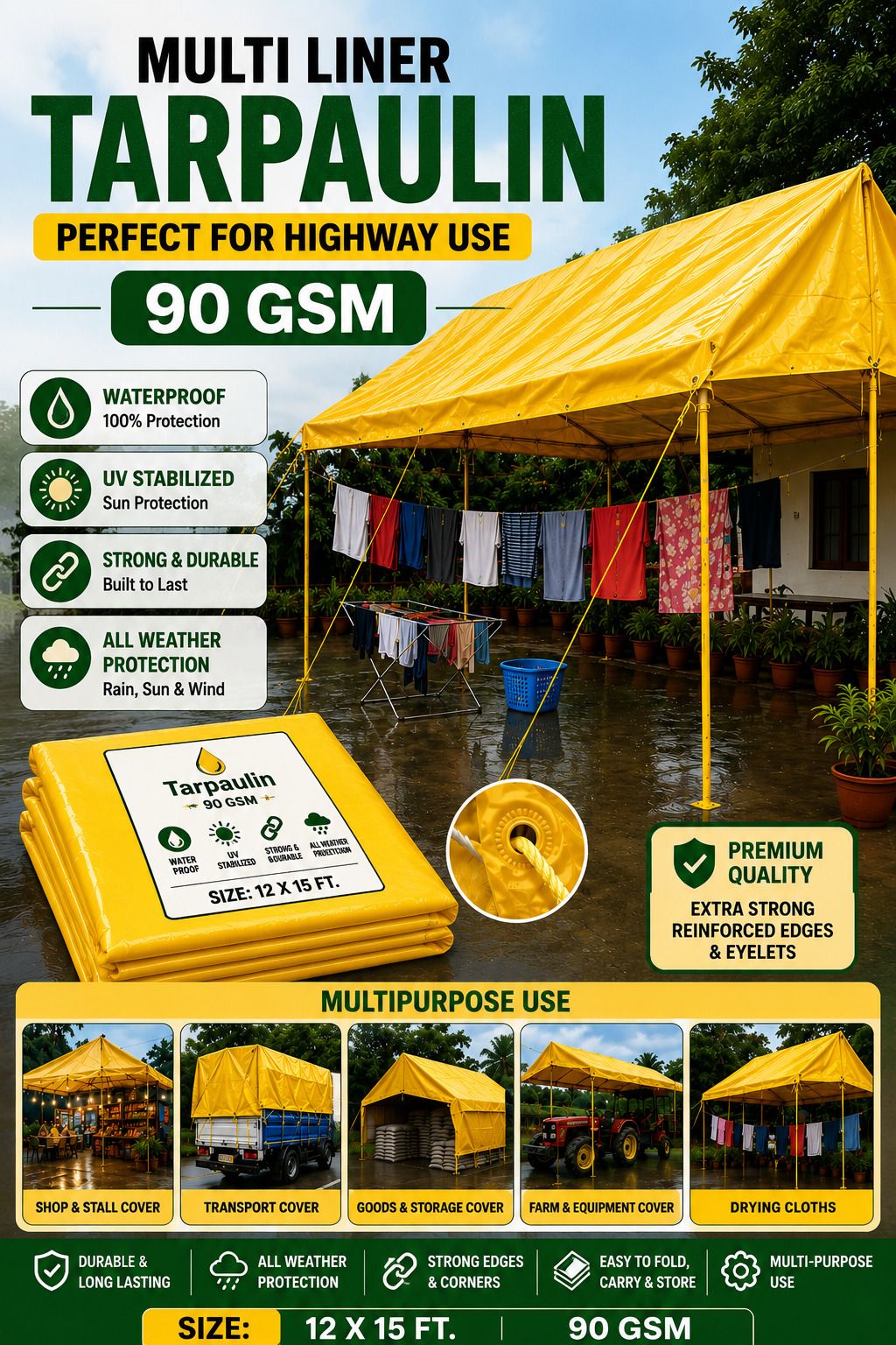 grahlogy 12×15 Ft Waterproof Liner Tirpal 90 GSM Heavy Duty Cover Sheet Tent - For Camping, Construction Sites, Temporary Shelters, Truck Cover, Farmhouse, To Cover Cement-picture-15