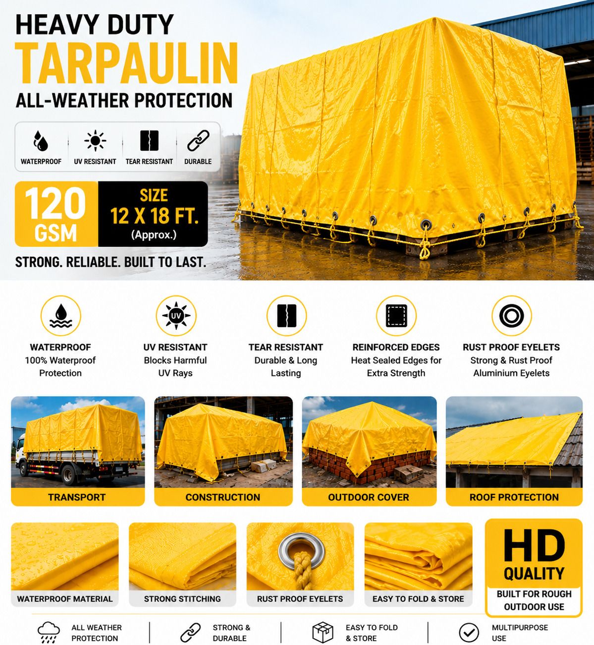 120 GSM Tarpaulin Tripal 12x18 Ft Heavy Duty Waterproof Multipurpose Cover Tent - For Roof Covering, Warehouse Storage, Agriculture Use, Vehicle Protection-image-38
