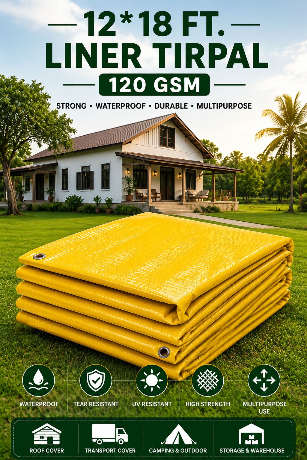 grahlogy 12x18 Ft Liner Tarpaulin 120 GSM for Warehouse & Outdoor Protection Tent - For Camping, Construction Sites, Temporary Shelters, Truck Cover, Farmhouse, To Cover Cement-picture-42