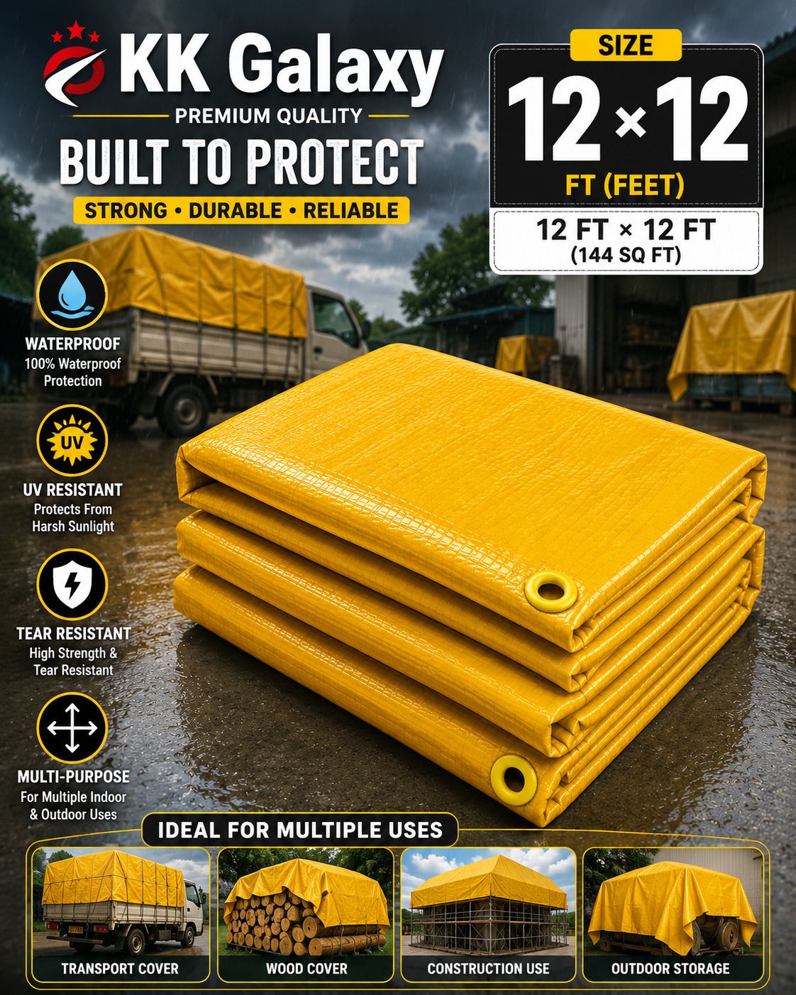 kk galaxy 12×12 FT 120 GSM Waterproof Tarpaulin Premium All Weather Tarpaulin Sheet Tent - For Agriculture Use, Roof Covering, Warehouse Storage, Vehicle Protection-picture-26