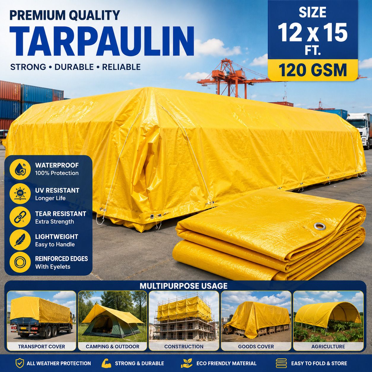 grahlogy Multipurpose Tarpaulin Sheet 12x15 Ft 120 GSM Cover for Construction & Outdoor Tent - For Vehicle Protection, Agriculture Use, Warehouse Storage, Roof Covering-picture-43