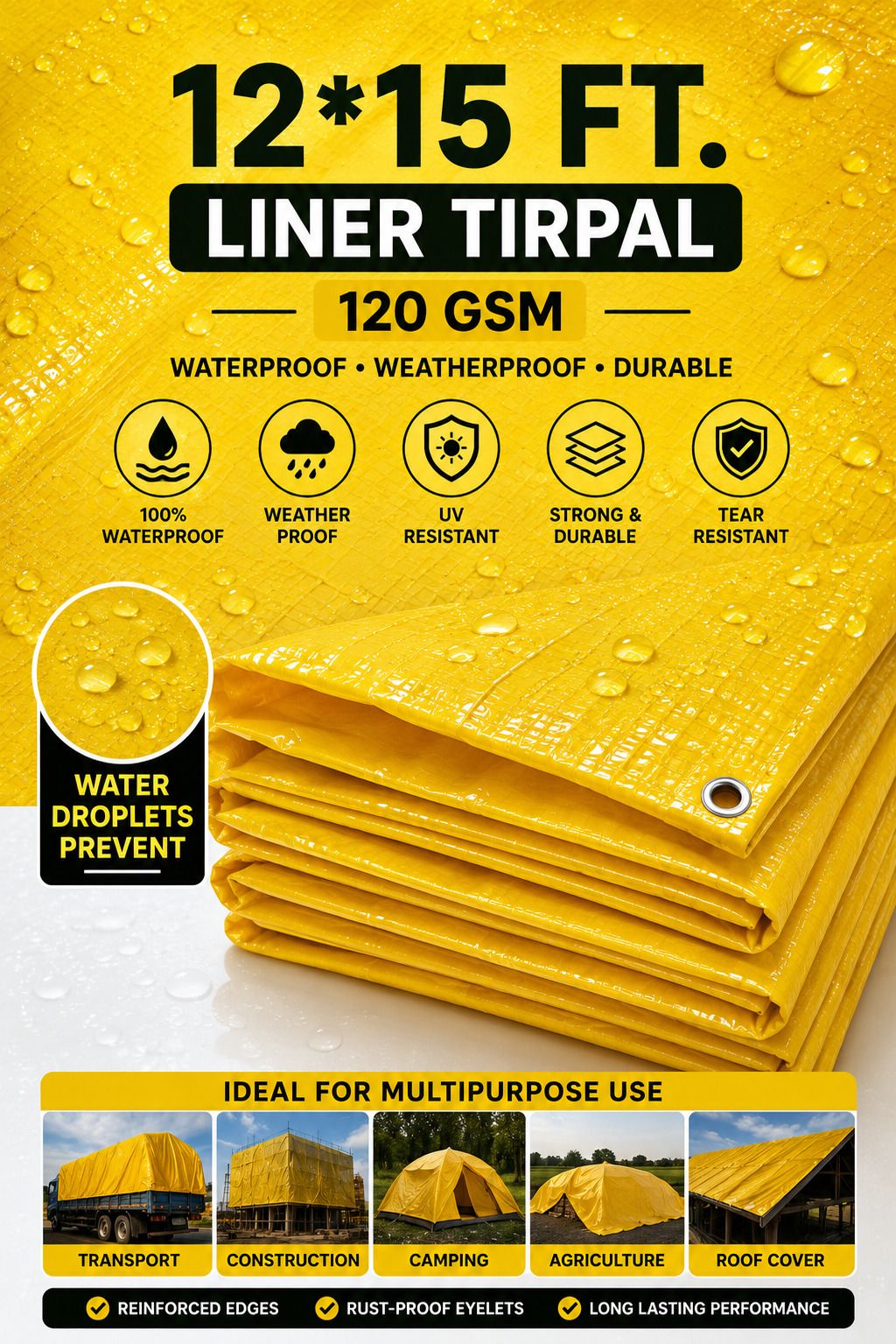 grahlogy 12x15 Ft Liner tirpal 120 GSM Waterproof Sheet for Rain Protection & Roofing Tent - For Temporary Shelter, Camping & Outdoor Activities, Roof Leakage Protection-picture-12