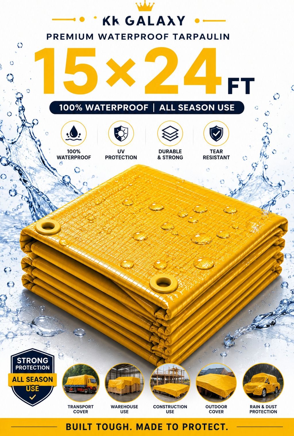 120GSM Heavy Duty Waterproof 15×24 Ft Yellow Tarpaulin Tent - For Agriculture Use, Roof Covering, Warehouse Storage, Vehicle Protection-image-6