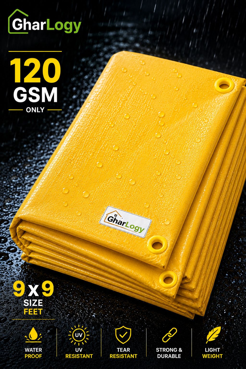gharlogy 9x9 Ft 120 GSM Waterproof Tarpaulin Yellow Heavy Duty Multipurpose Tent - For Agriculture Use, Roof Covering, Warehouse Storage, Vehicle Protection-picture-29