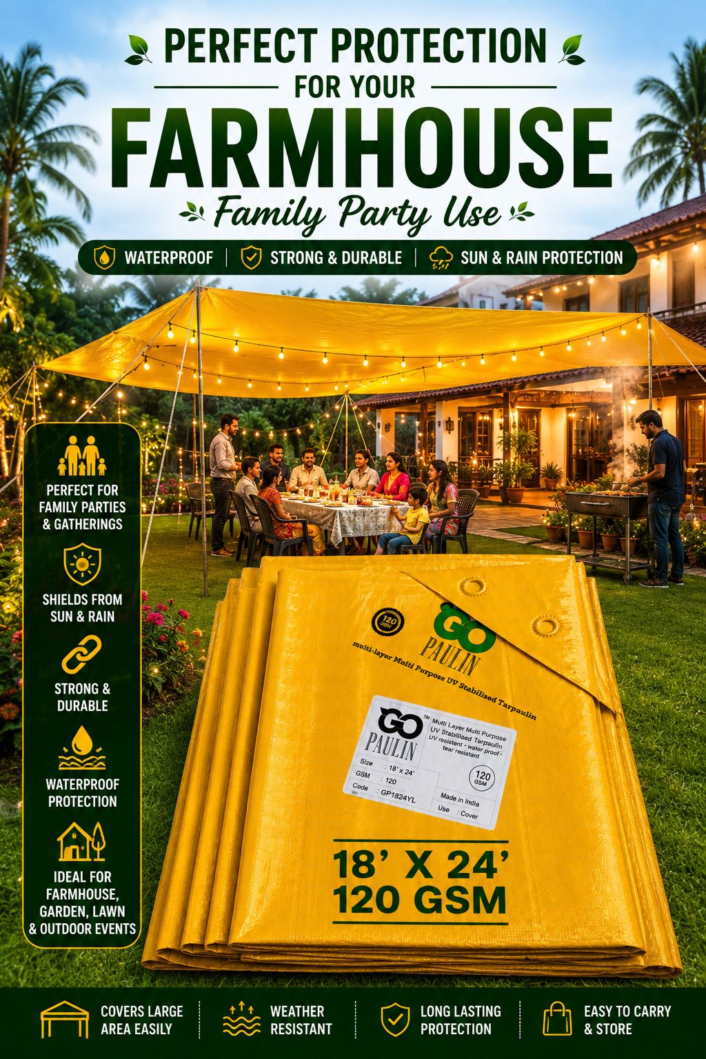 grahlogy 18x24 Ft Liner Tirpal Sheet 120 GSM Strong Eyelet Tarpaulin for Outdoor Shelter Tent - For Camping, Construction Sites, Temporary Shelters, Truck Cover, Farmhouse, To Cover Cement-picture-21