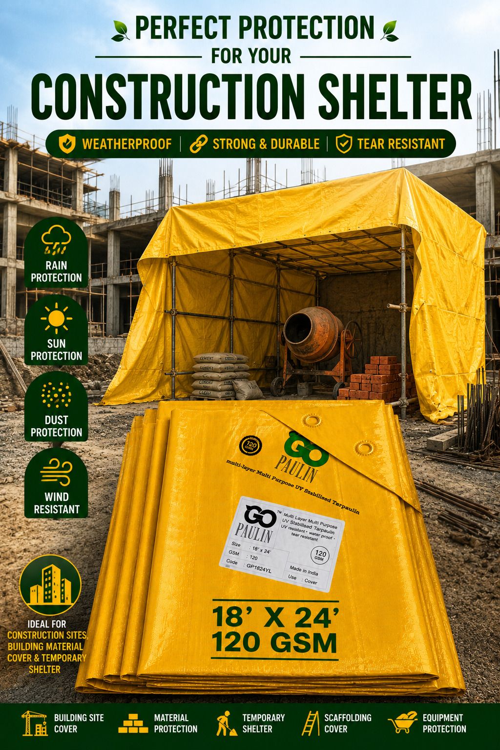 18x24 Feet Tarpaulin Sheet 120 GSM for Roof Cover, Camping & Temporary Shelter Tent - For Camping, Construction Sites, Temporary Shelters, Truck Cover, Farmhouse, To Cover Cement-image-41