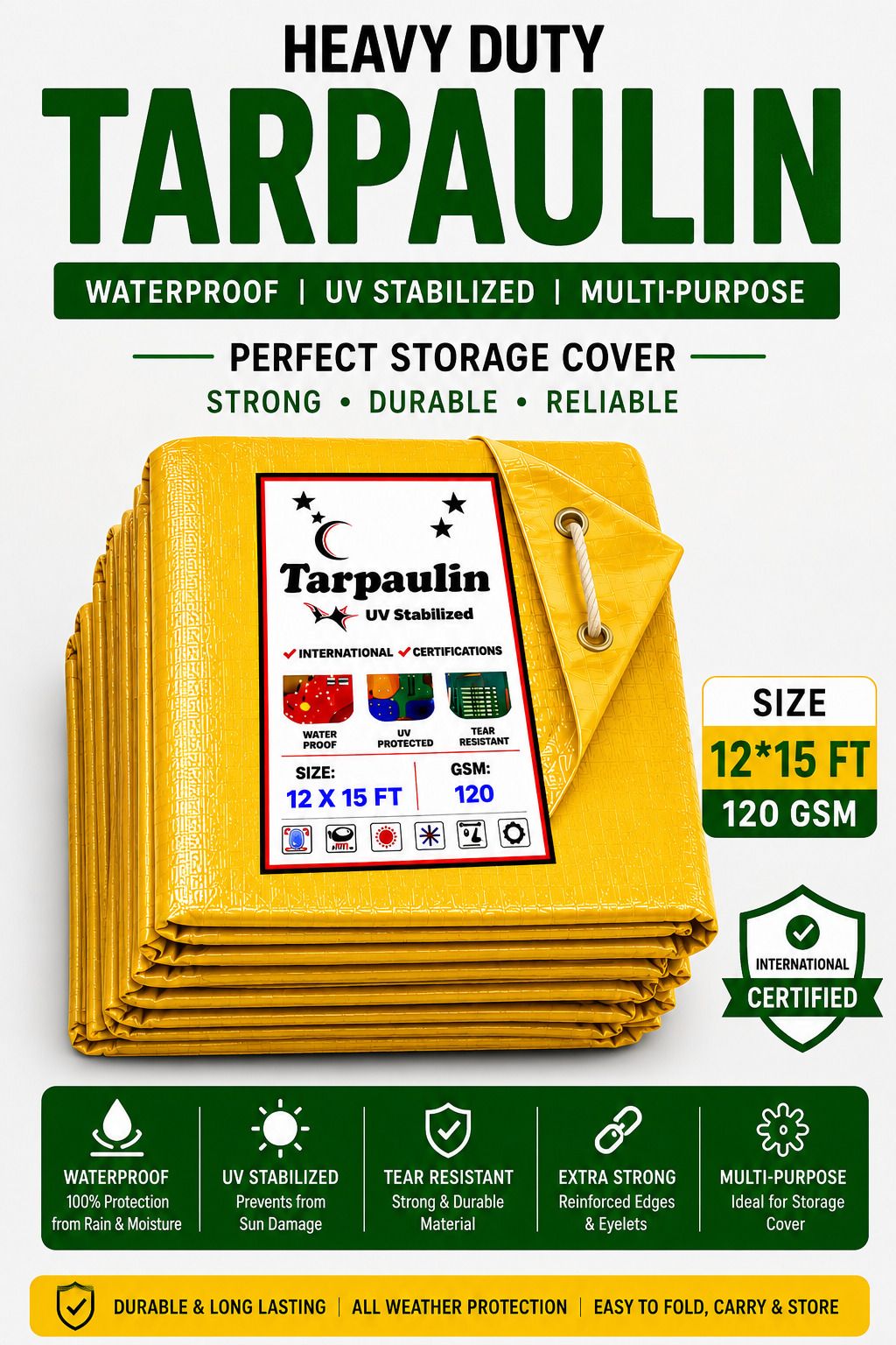 120 GSM 12x15 Tarpaulin Sheet for Outdoor & Transportation Use Tent - For Camping, Construction Sites, Temporary Shelters, Truck Cover, Farmhouse, To Cover Cement-image-24