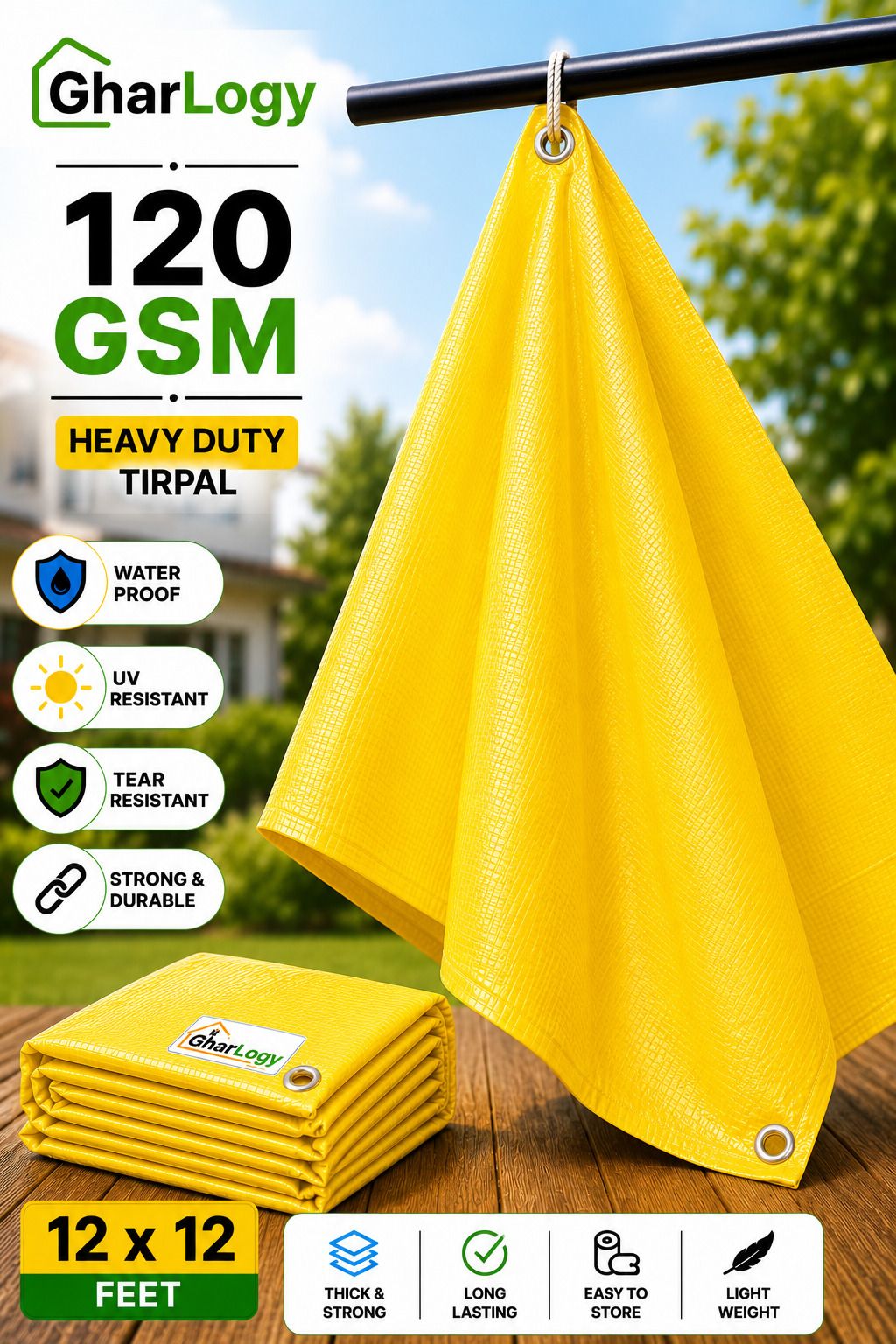 gharlogy 12x12 Ft Waterproof Tirpal 120 GSM Yellow for Outdoor Farming Tent - For Agriculture Use, Roof Covering, Warehouse Storage, Vehicle Protection-picture-21