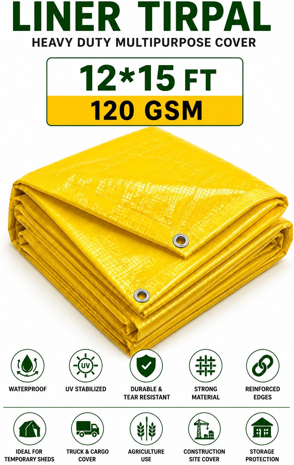12x15 Ft 120 GSM Waterproof Liner Tirpal for Agriculture & Construction Tent - For Roof Leakage Protection, Camping & Outdoor Activities, Temporary Shelter-image-43