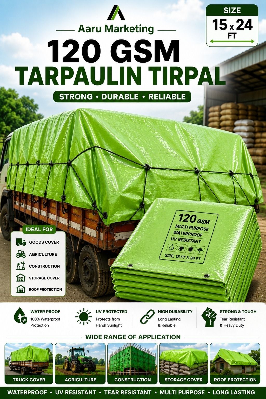 kk galaxy Aaru Marketing Green Waterproof Tirpal 120 GSM Heavy Duty Tarpaulin 15x24 FT Tent - For Agriculture Use, Roof Covering, Warehouse Storage, Vehicle Protection-picture-42