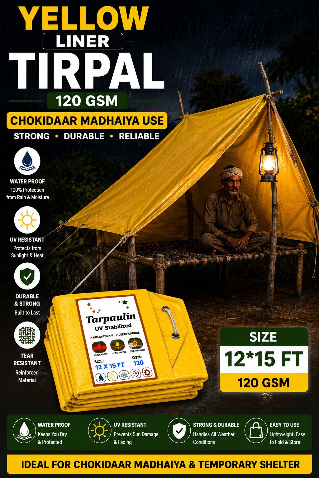 12x15 Ft 120 GSM Waterproof Cover for Camping, Agriculture & Construction Tent - For Camping, Construction Sites, Temporary Shelters, Truck Cover, Farmhouse, To Cover Cement-image-42