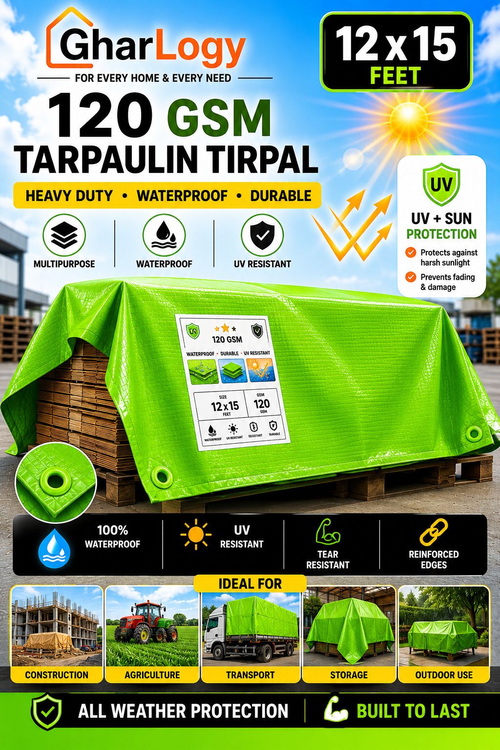 120 GSM Multipurpose Waterproof Heavy Duty All Weather Multipurpose Green Tirpal Tent - For Agriculture Use, Roof Covering, Warehouse Storage, Vehicle Protection-image-40