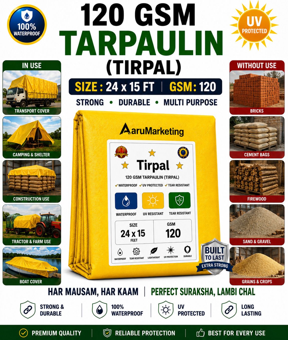 kk galaxy Aaru Marketing Multipurpose Waterproof Tarpaulin 120 GSM Yellow Tirpal 15x24 FT Tent - For Agriculture Use, Roof Covering, Warehouse Storage, Vehicle Protection-picture-20