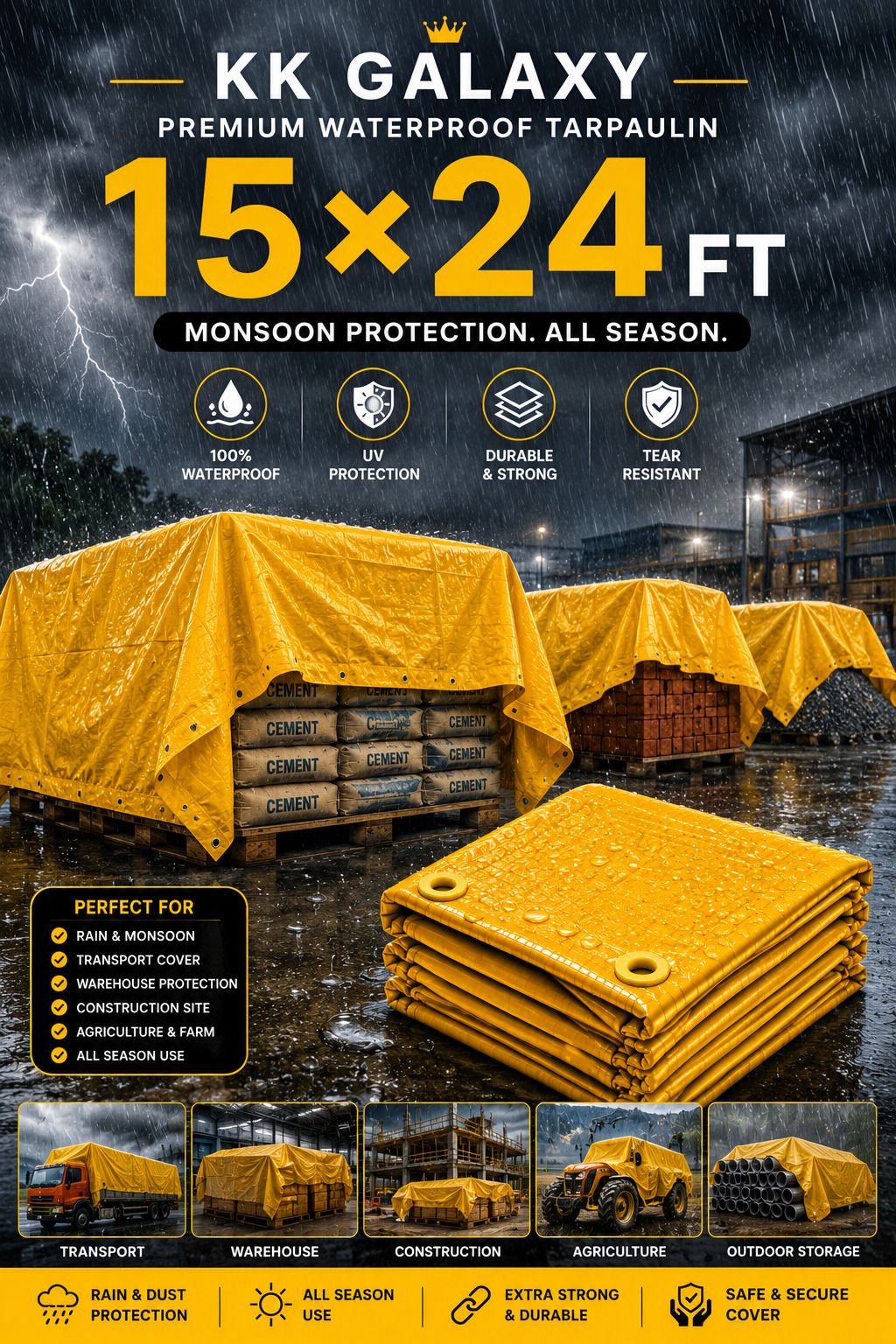 kk galaxy 120 Ultra Strong 15×24 Ft Waterproof Yellow Tarpaulin Sheet Tent - For Agriculture Use, Roof Covering, Warehouse Storage, Vehicle Protection-picture-20