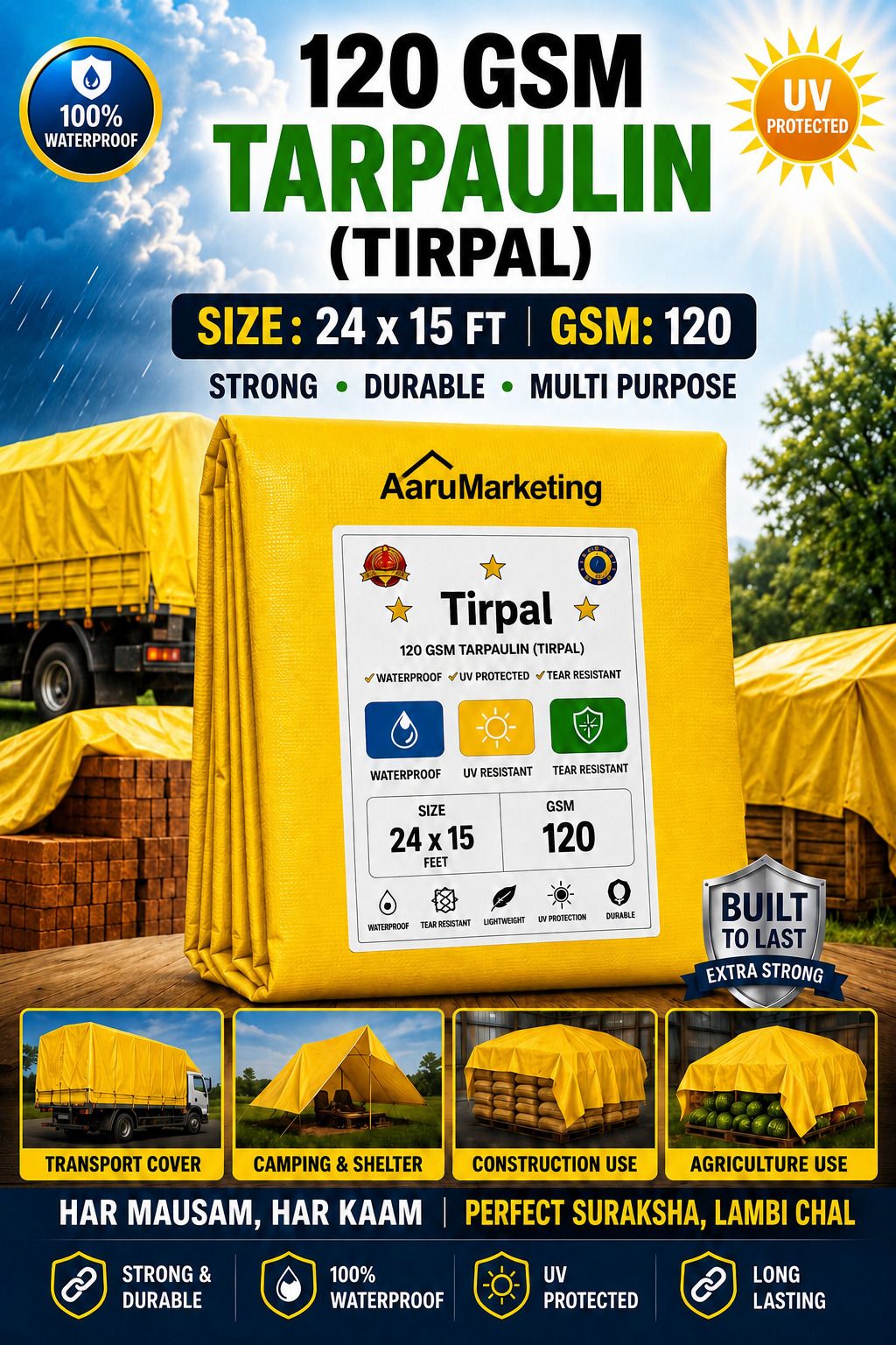 kk galaxy Heavy Duty Yellow Tirpal Waterproof Tarpaulin Sheet 120 GSM 15x24 FT Outdoor Use Tent - For Agriculture Use, Roof Covering, Warehouse Storage, Vehicle Protection-picture-21