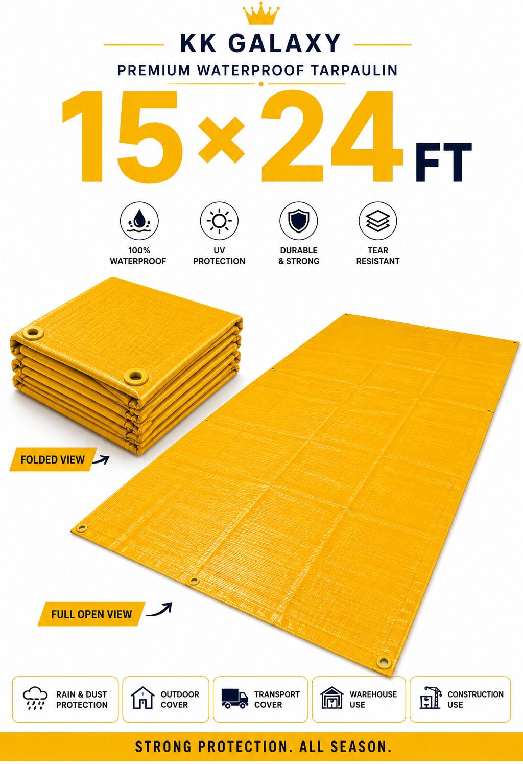 kk galaxy Multipurpose Waterproof Tarpaulin Yellow 120 GSM Tirpal 15×24 FT Tent - For Agriculture Use, Roof Covering, Warehouse Storage, Vehicle Protection-picture-17