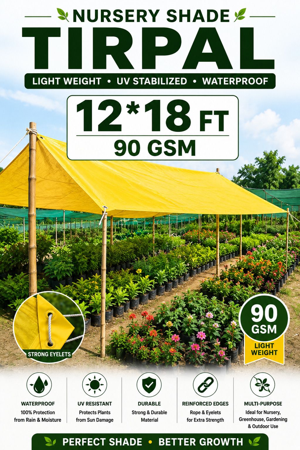 grahlogy 12×18 ft 90 GSM Liner Tirpal Sheet | UV Resistant Waterproof Tarpaulin | Yellow Tent - For Camping, Construction Sites, Temporary Shelters, Truck Cover, Farmhouse, To Cover Cement-picture-12