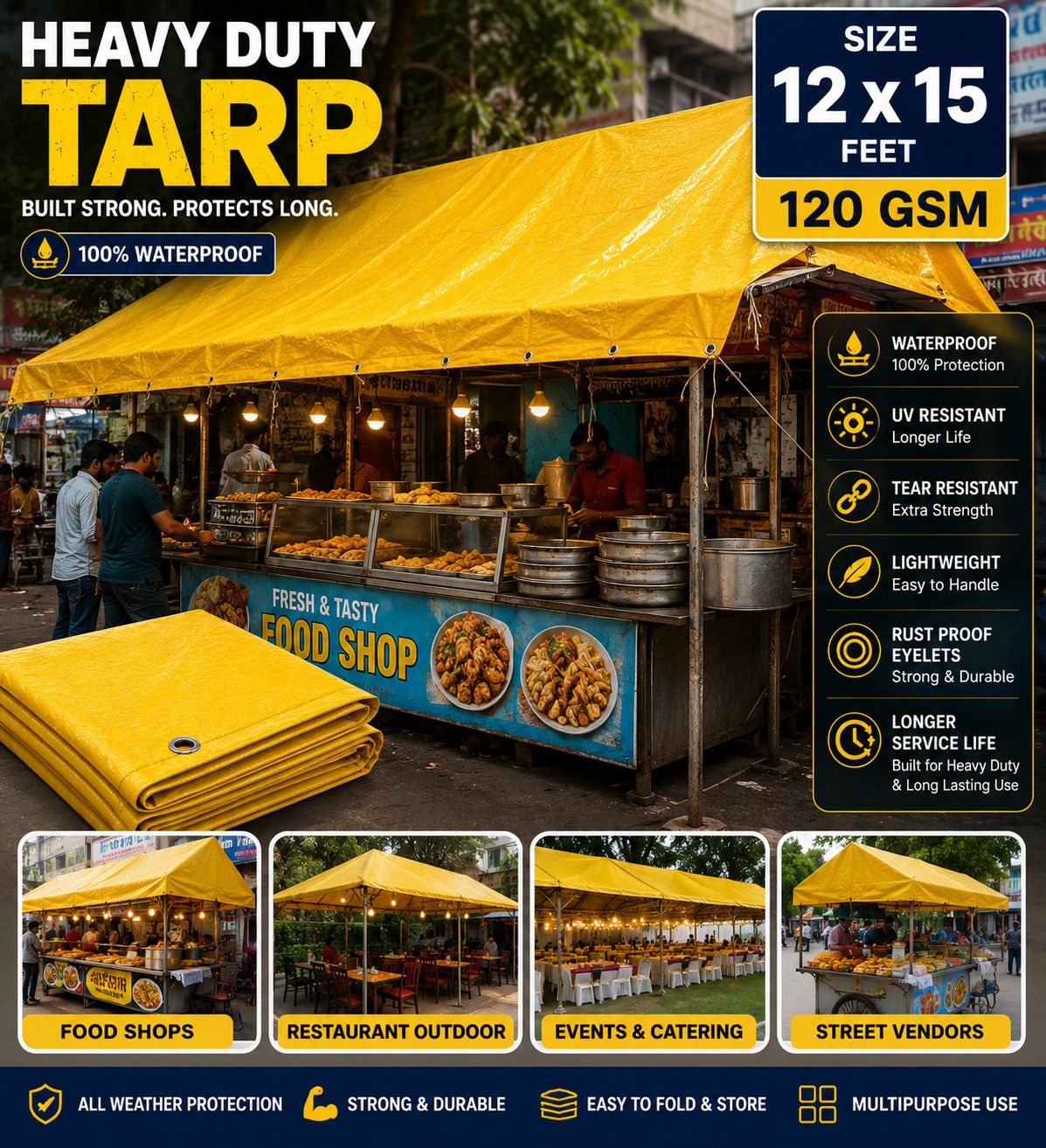 grahlogy Heavy Duty Tirpal 12x15 Feet 120 GSM Tarpaulin Sheet for Roof Protection Tent - For Vehicle Protection, Warehouse Storage, Roof Covering, Agriculture Use-picture-0