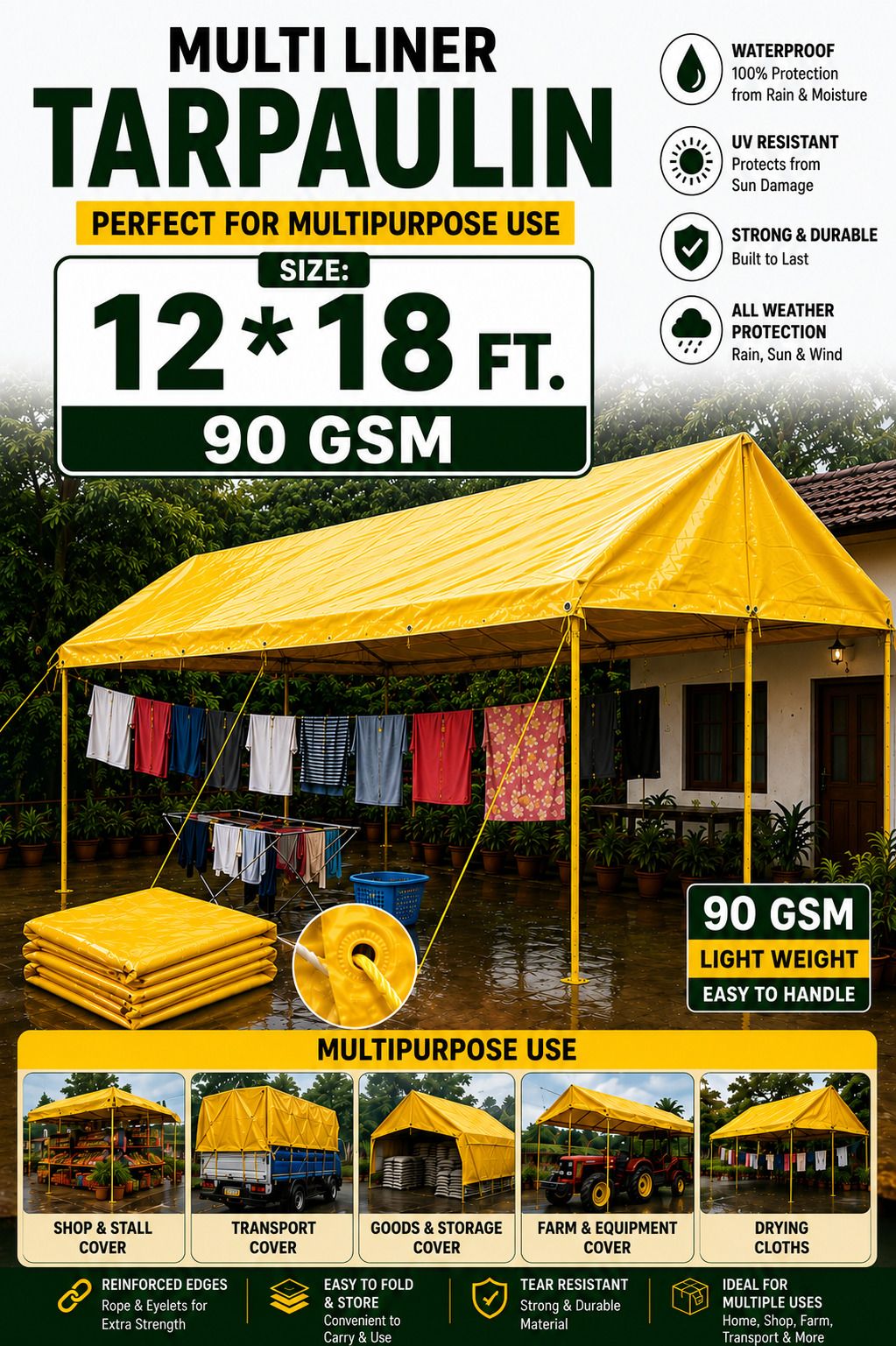 grahlogy 12×18 ft 90 GSM Outdoor Heavy Duty Waterproof Liner Tirpal Tent - For Camping, Construction Sites, Temporary Shelters, Truck Cover, Farmhouse, To Cover Cement-picture-10