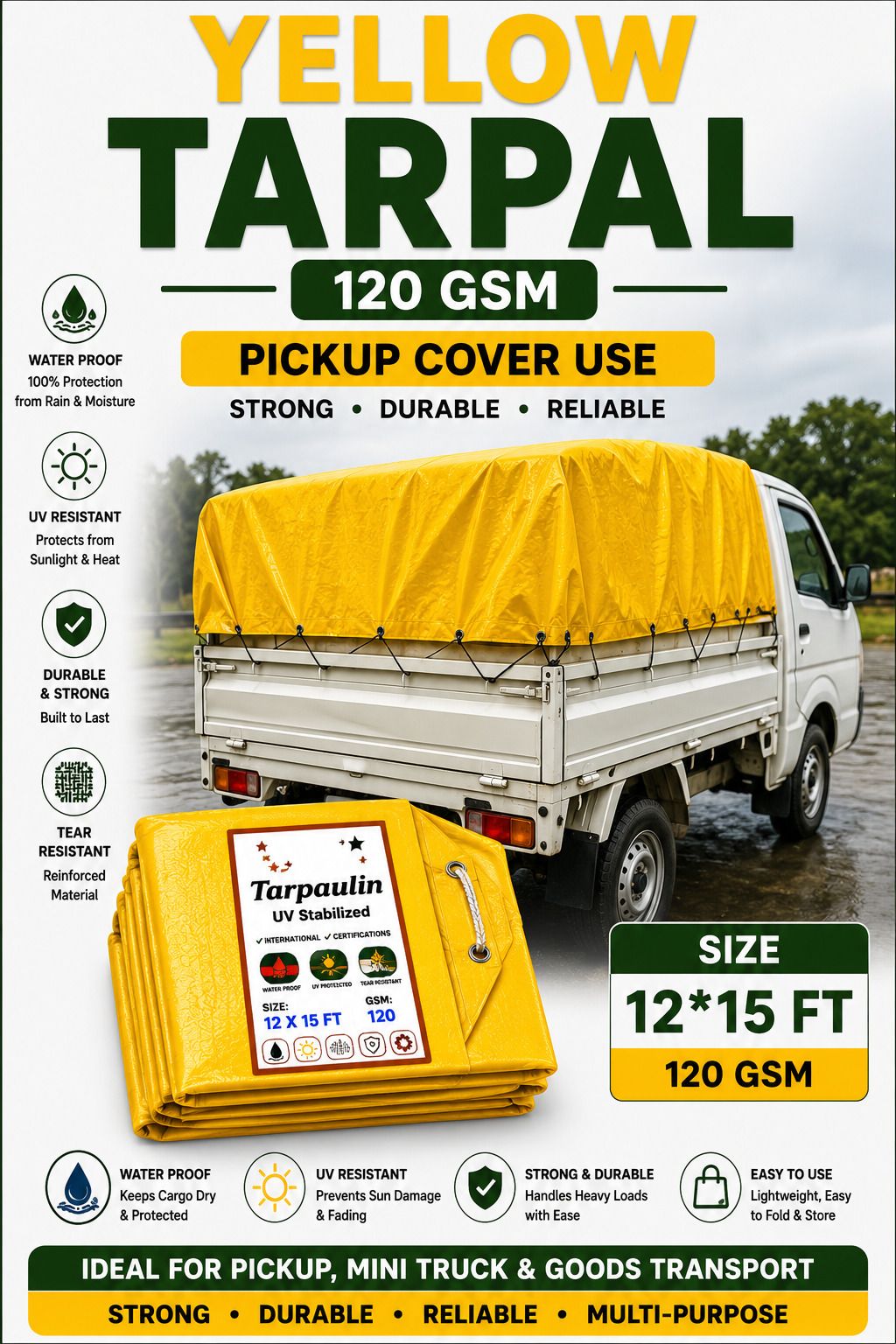 12x15 Waterproof Tirpal Sheet 120 GSM Yellow Tarpaulin for Multipurpose Use Tent - For Camping, Construction Sites, Temporary Shelters, Truck Cover, Farmhouse, To Cover Cement-image-43