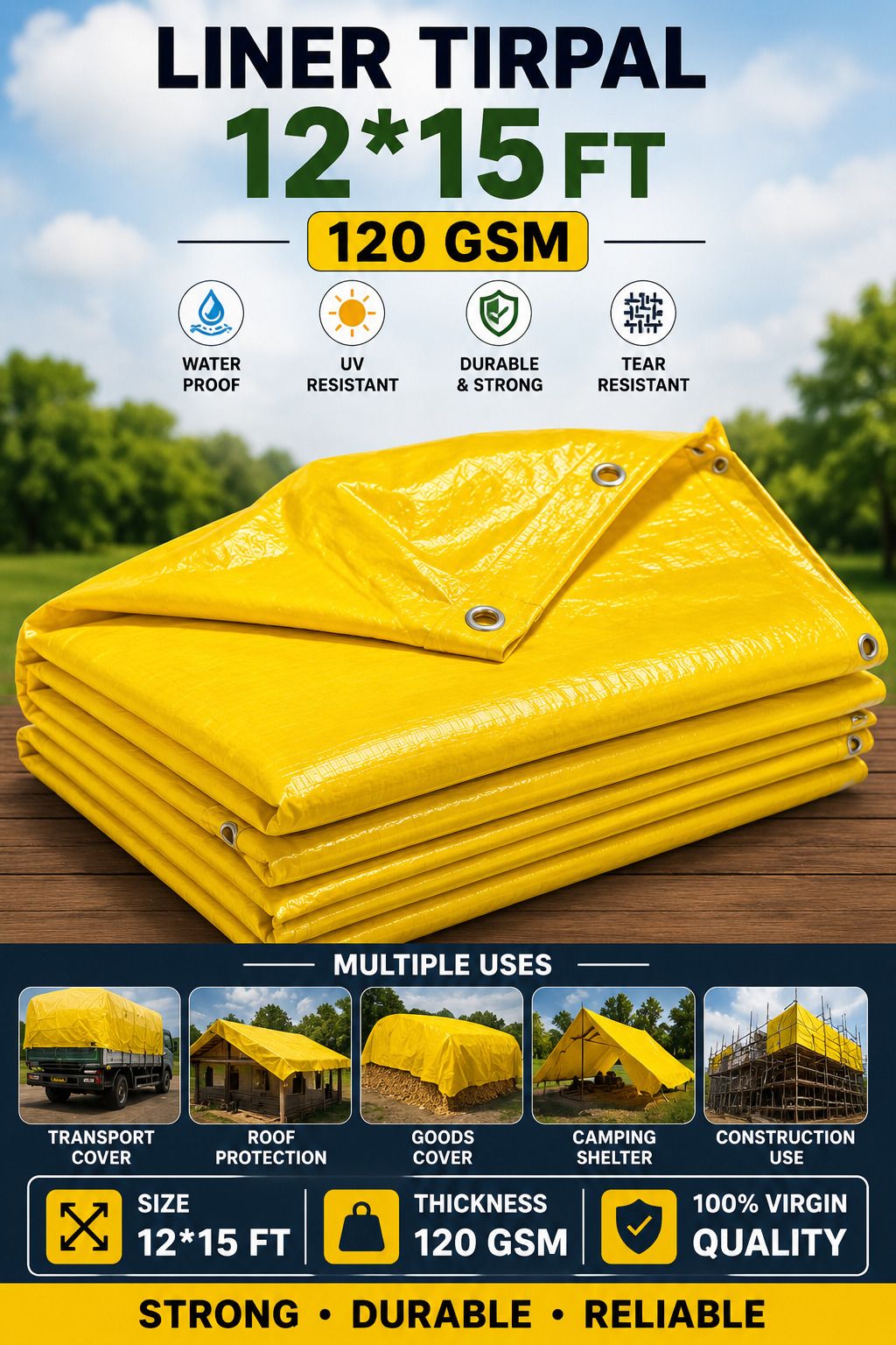 12x15 Ft 120 GSM Yellow Tirpal Multipurpose Waterproof Tarpaulin Cover Tent - For Camping, Construction Sites, Temporary Shelters, Truck Cover, Farmhouse, To Cover Cement-image-5