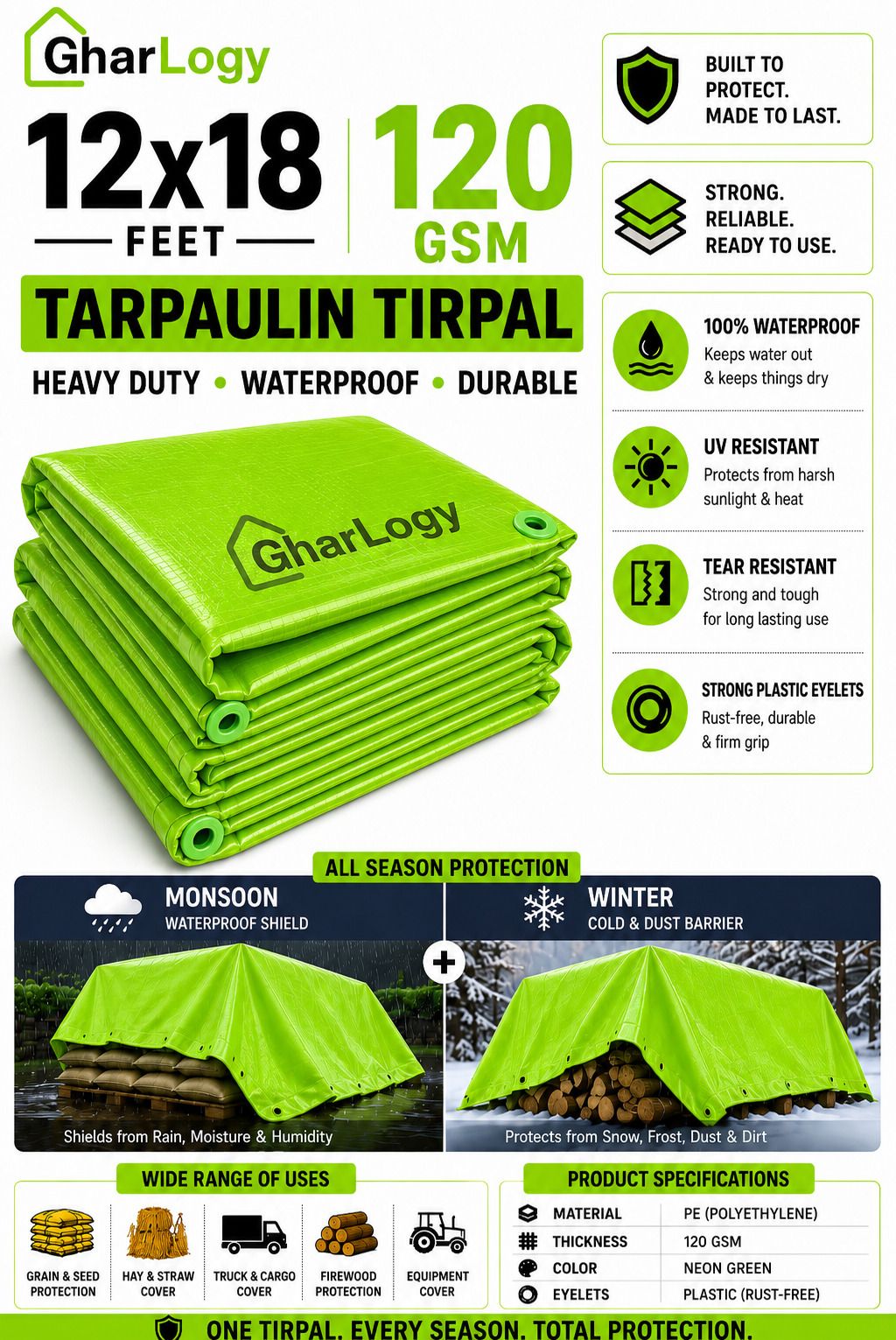 Premium 12x15 Ft Heavy Duty Waterproof UV Protected Green Tirpal Rain Protection Tent - For Agriculture Use, Roof Covering, Warehouse Storage, Vehicle Protection-image-29