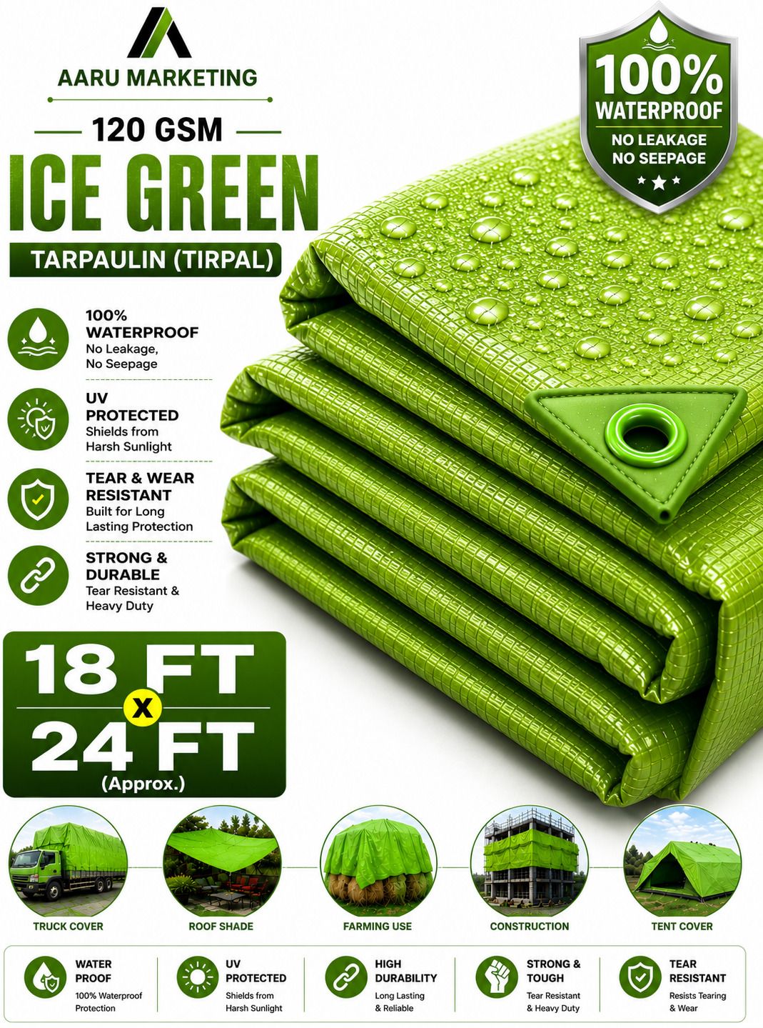 kk galaxy Premium Waterproof Tarpaulin Sheet 120 GSM Green Tirpal Cover 18x24 FT Tent - For Agriculture Use, Roof Covering, Warehouse Storage, Vehicle Protection-picture-43