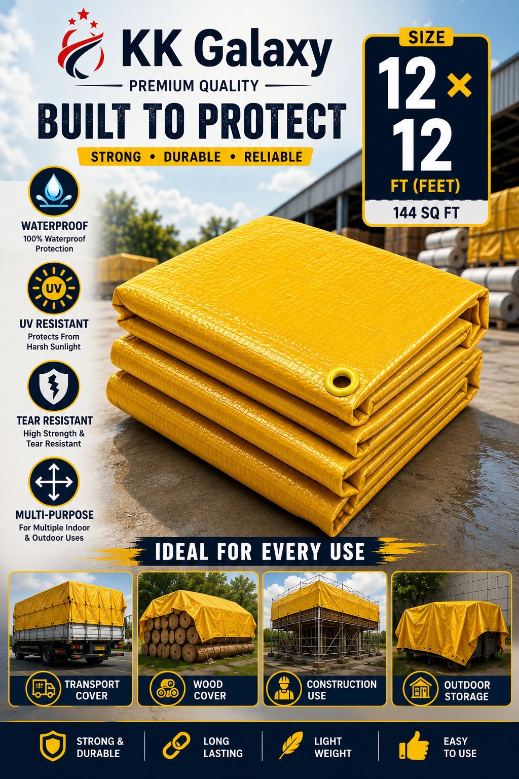 kk galaxy Premium 120 GSM Waterproof Tarpaulin Sheet 9x9 Ft Yellow Tent - For Agriculture Use, Roof Covering, Warehouse Storage, Vehicle Protection-picture-45