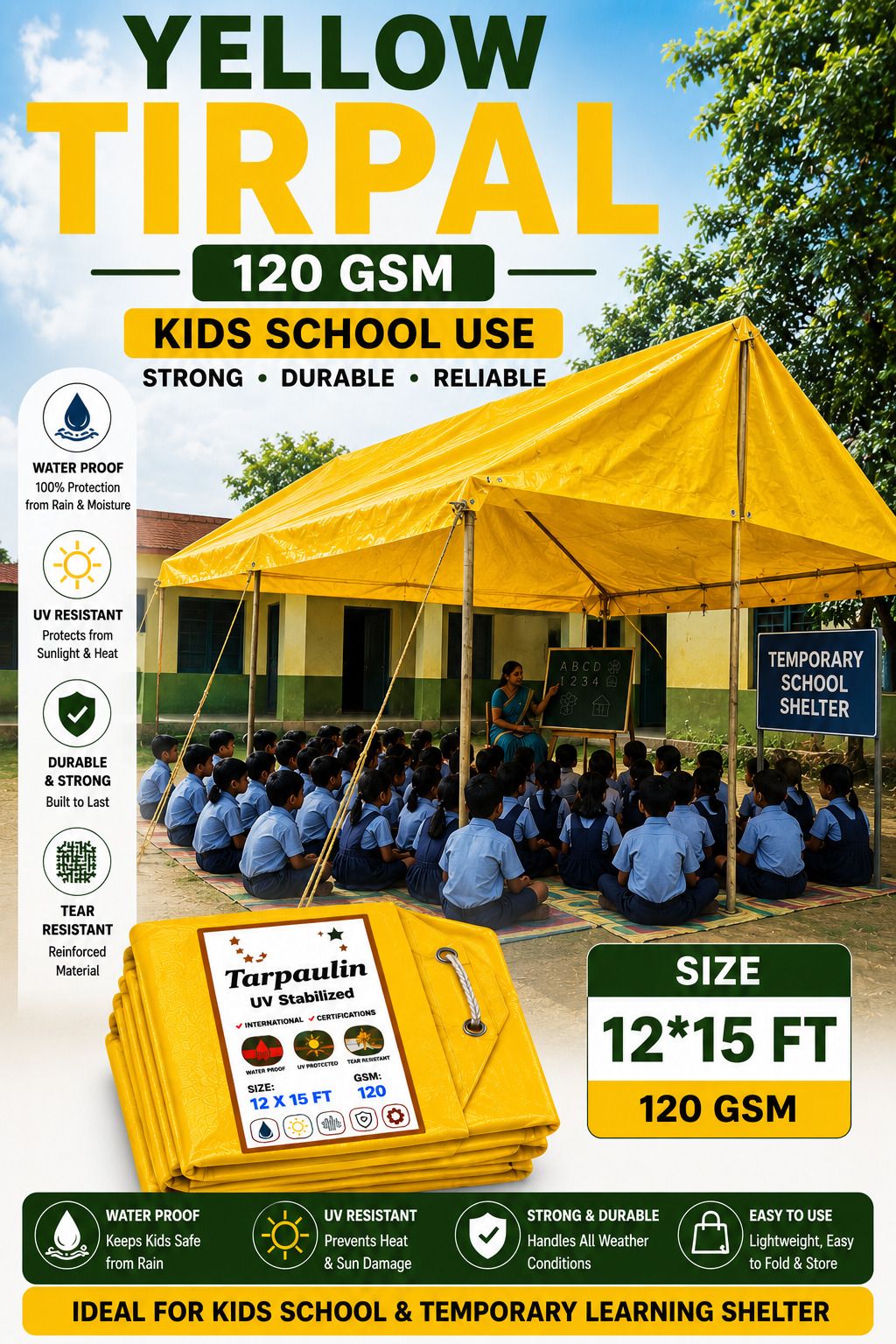 12x15 Ft 120 GSM Heavy Duty Waterproof Yellow Tirpal Tarpaulin Sheet Tent - For Camping, Construction Sites, Temporary Shelters, Truck Cover, Farmhouse, To Cover Cement-image-41