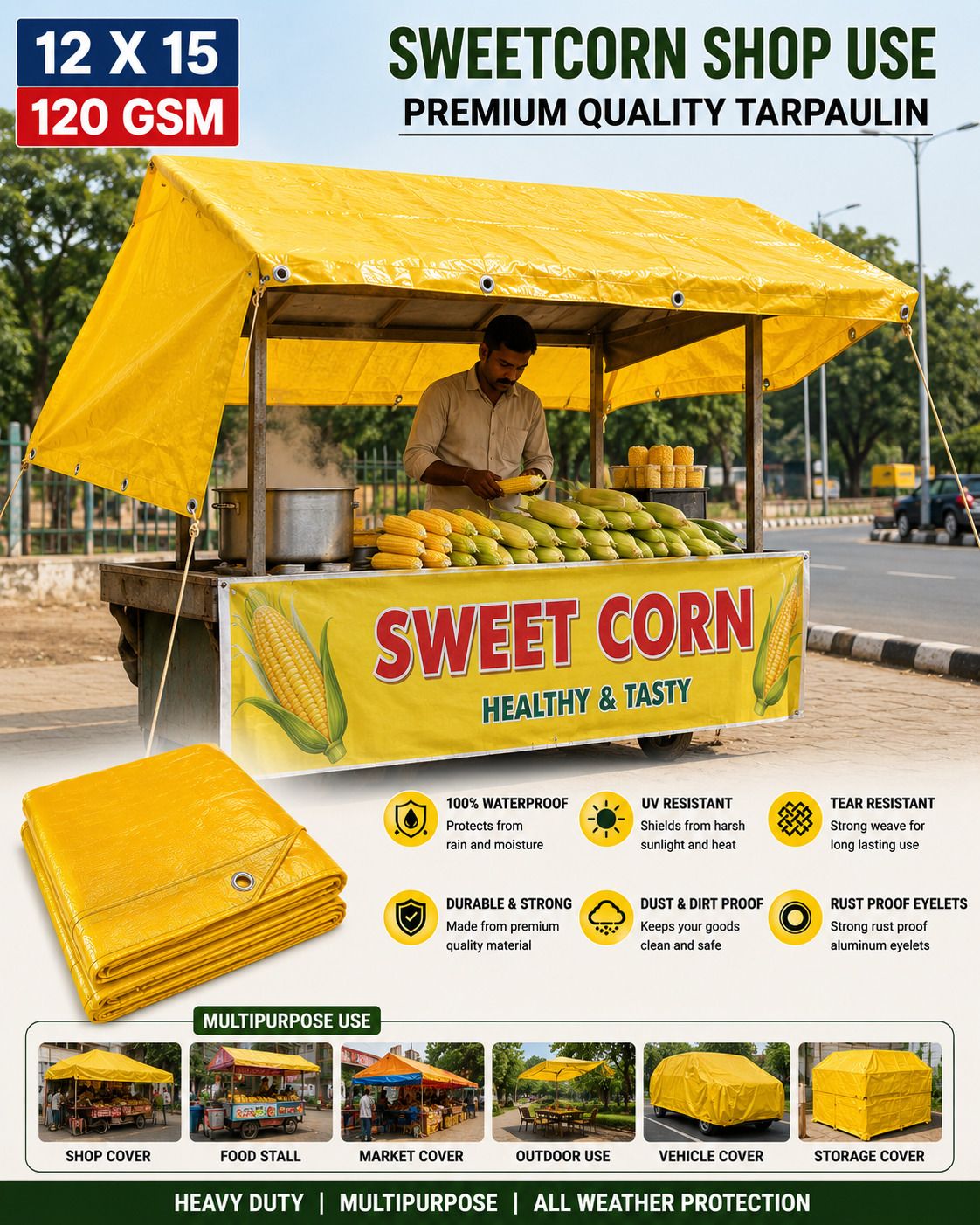 grahlogy Heavy Duty Tarpaulin Sheet 12x15 Feet 120 GSM Outdoor Cover for Grocery Shop Tent - For Vehicle Protection, Warehouse Storage, Roof Covering, Agriculture Use-picture-4