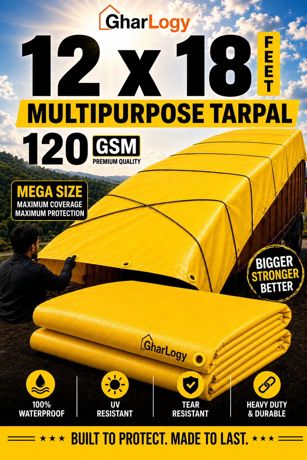 Premium 12x18 Ft Tirpal Yellow 120 GSM Outdoor Rain/Sun Protection Multipurpose Tent - For Agriculture Use, Roof Covering, Warehouse Storage, Vehicle Protection-image-29