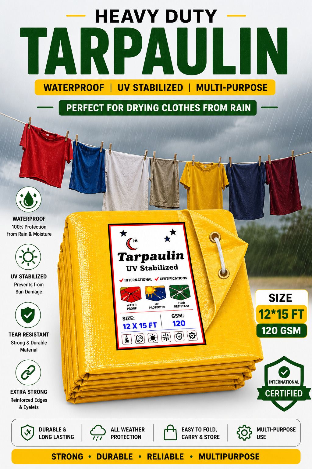 Heavy Duty 12x15 Ft Tirpal 120 GSM Waterproof Tarpaulin Sheet Yellow Tent - For Camping, Construction Sites, Temporary Shelters, Truck Cover, Farmhouse, To Cover Cement-image-12