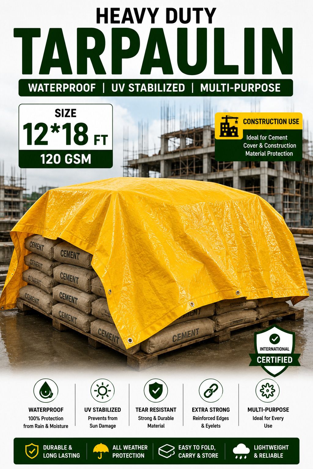 12x18 ft rain & sun protection tarpaulin 120 gsm heavy duty waterproof tirpal tent - for camping, construction sites, temporary shelters, truck cover, farmhouse, to cover cement