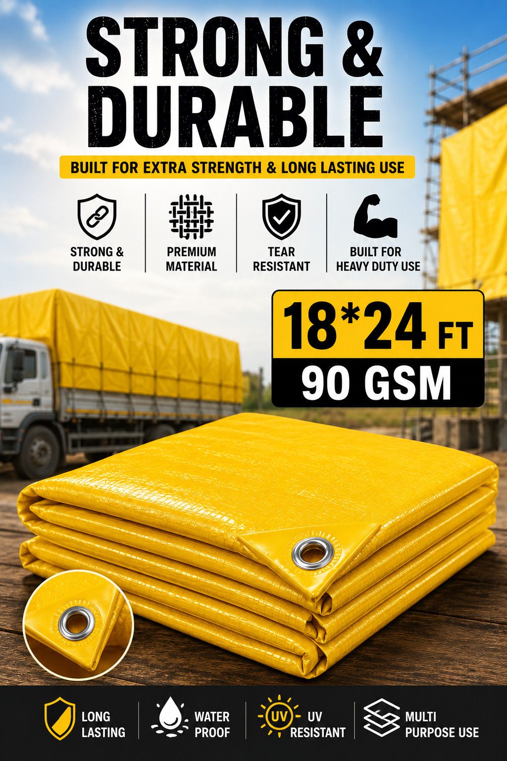 grahlogy 18x24 Ft Liner Tarpaulin Sheet 90 GSM – UV & Water Resistant Tent - For Camping, Construction Sites, Temporary Shelters, Truck Cover, Farmhouse, To Cover Cement-picture-35