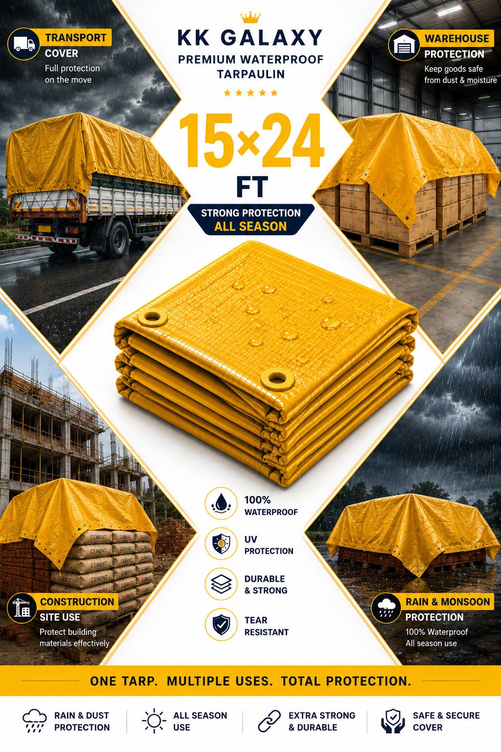 kk galaxy 120 GSM 15×24 Ft Waterproof Yellow Tarpaulin Tent - For Agriculture Use, Roof Covering, Warehouse Storage, Vehicle Protection-picture-18