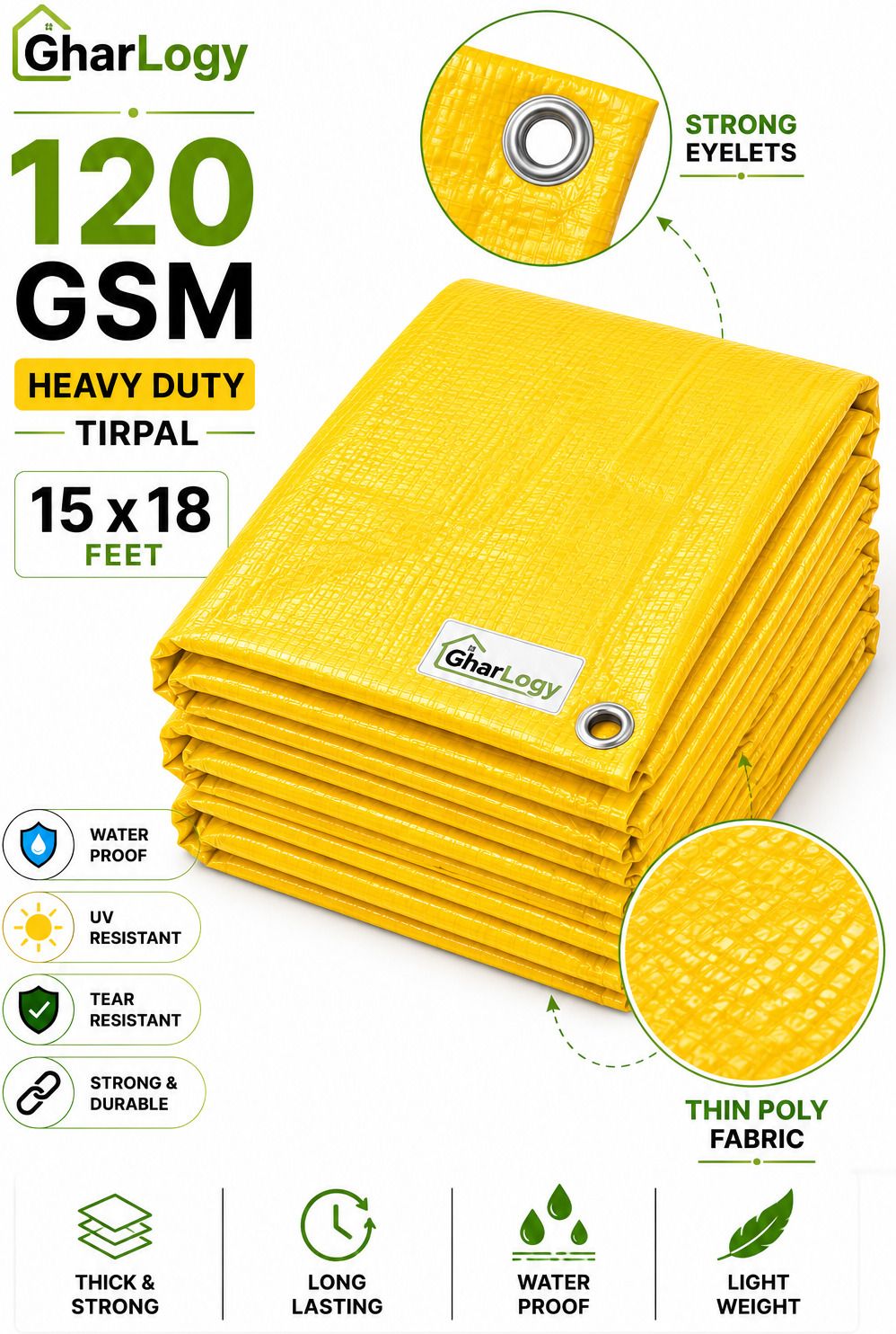 gharlogy 15x18Ft Tirpal Yellow Heavy Duty Multipurpose Rainproof Tent - For Agriculture Use, Roof Covering, Warehouse Storage, Vehicle Protection-picture-30