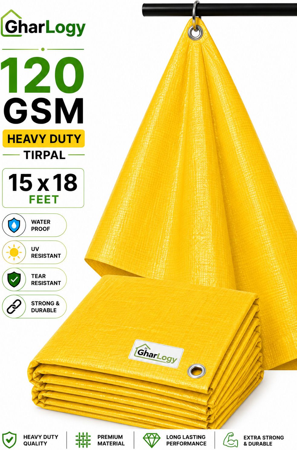 gharlogy 15x18Ft Tarpaulin 120 GSM Heavy Duty Multipurpose Dust Protection Tent - For Agriculture Use, Roof Covering, Warehouse Storage, Vehicle Protection-picture-15