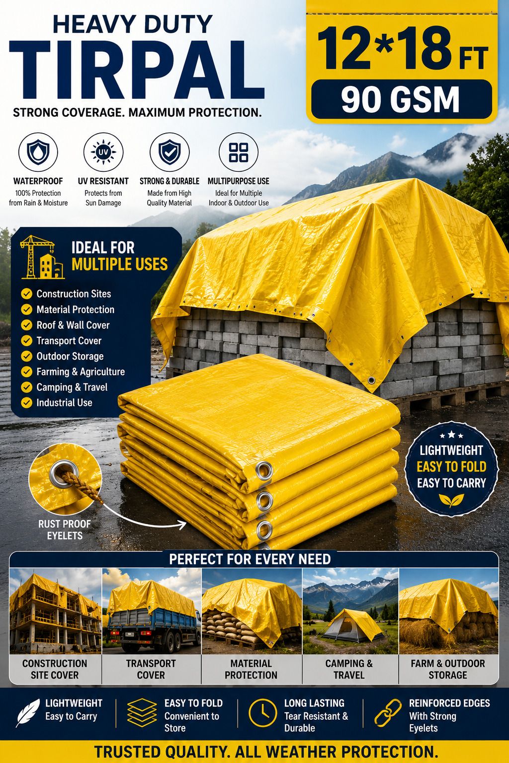 grahlogy 12×18 ft 90 GSM Multipurpose Tirpal for Rain & Sun Protection Tent - For Camping, Construction Sites, Temporary Shelters, Truck Cover, Farmhouse, To Cover Cement-picture-29