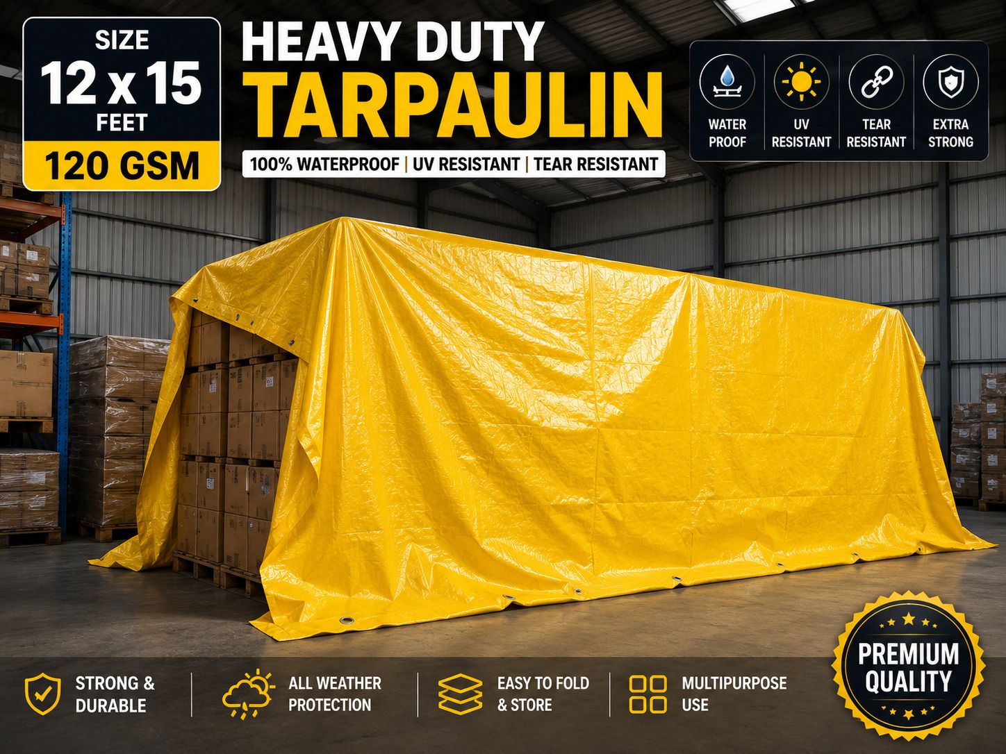 grahlogy Waterproof Tarpaulin Sheet 12x15 Ft 120 GSM Yellow Tirpal for Roof Cover Tent - For Vehicle Protection, Warehouse Storage, Roof Covering, Agriculture Use-picture-1