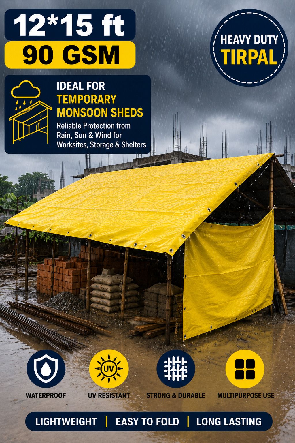 grahlogy 12×15 Ft Liner Tarpaulin 90 GSM Outdoor Rain & Sun Protection Sheet Tent - For Camping, Construction Sites, Temporary Shelters, Truck Cover, Farmhouse, To Cover Cement-picture-36