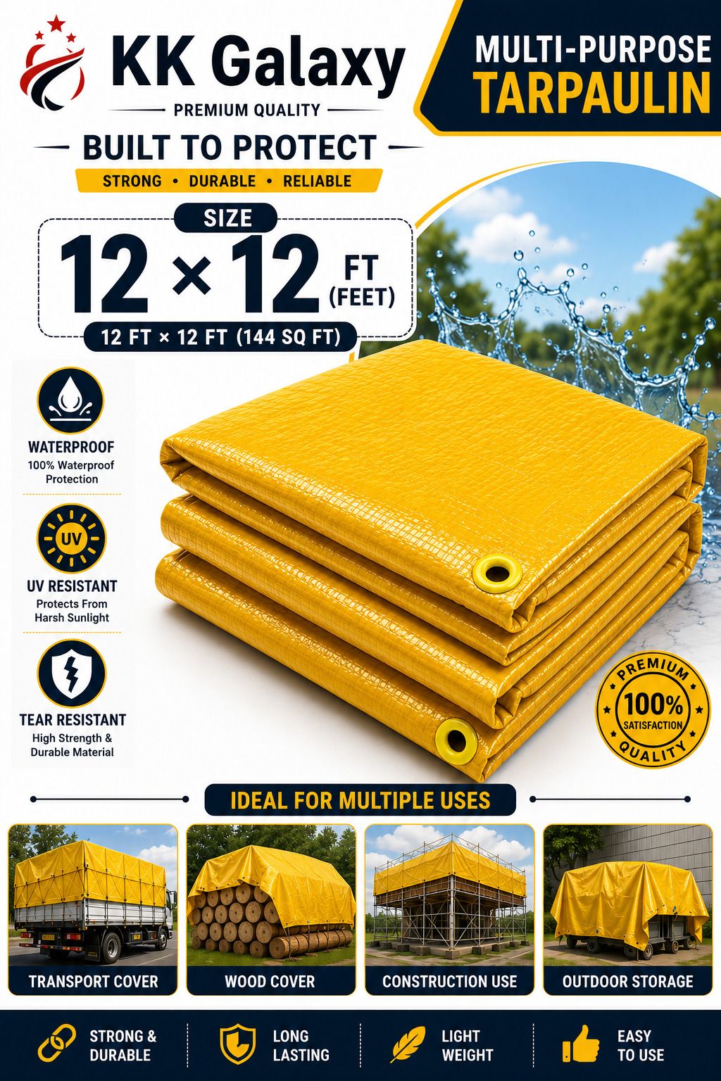 120 GSM Waterproof Tarpaulin Sheet 12x12 Ft Yellow Tent - For Agriculture Use, Roof Covering, Warehouse Storage, Vehicle Protection-image-30
