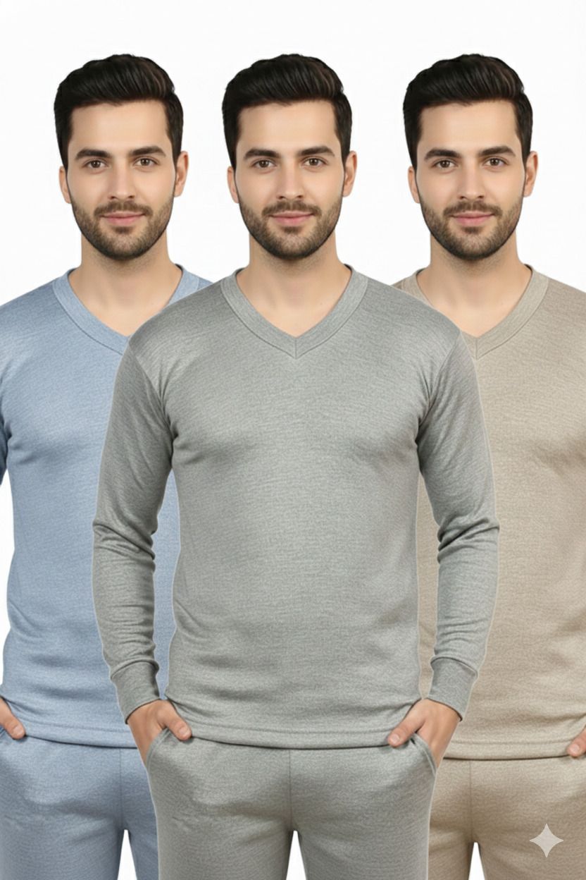 J.S. OSWAL Men V-Neck Light Colour Thermal Top COMBO PACK OF 3 Men Top Thermal-picture-34