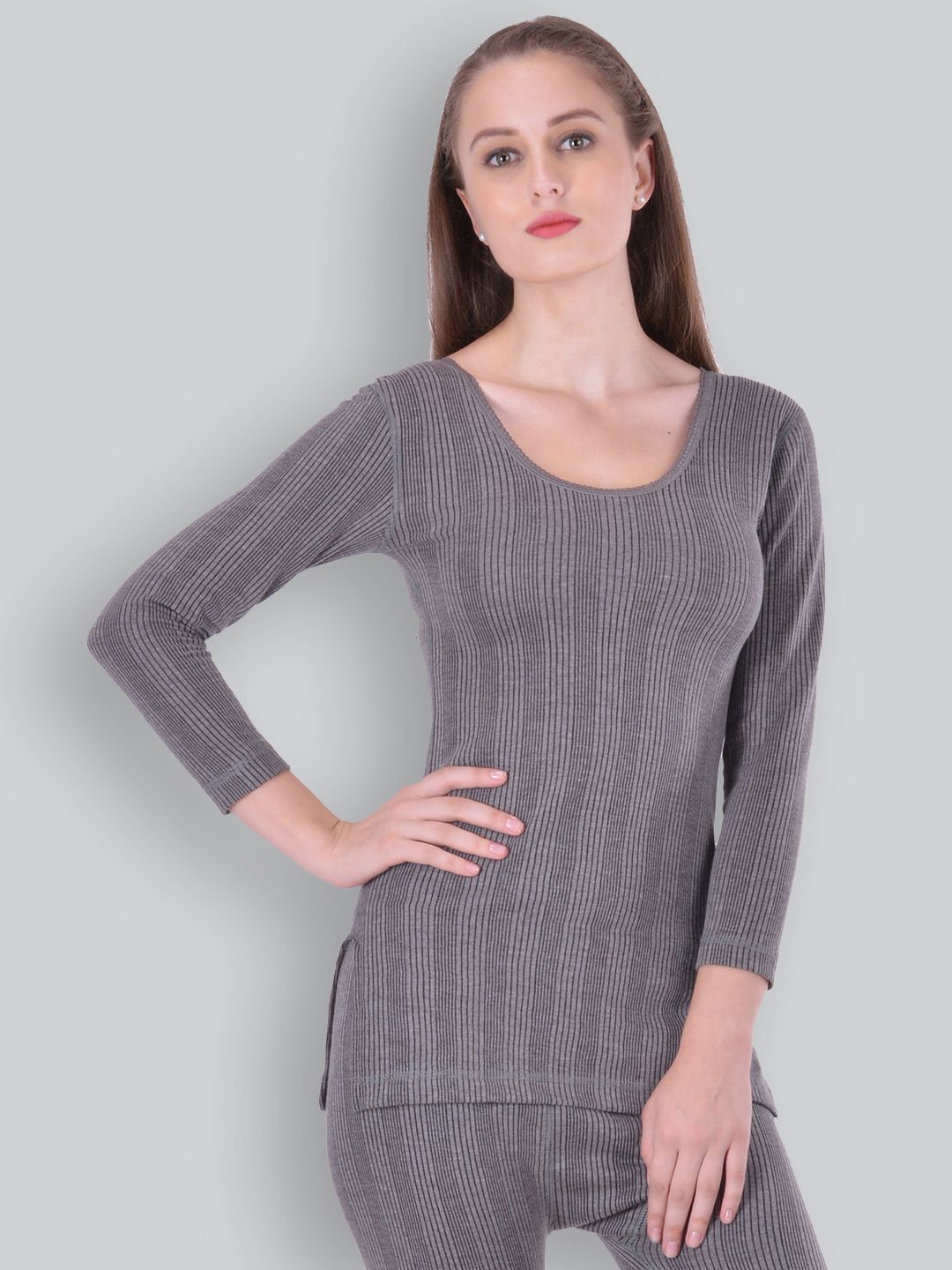 LUX INFERNO Charcoal Melange 3 Quarters Round Neck Long Women Top Thermal-image-4